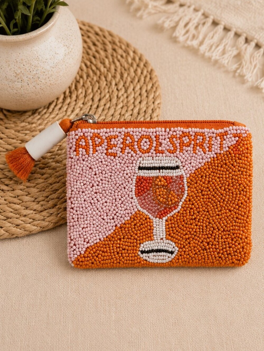 American & Beyond Beaded Aperol Spritz Coin Pouch in Pink & Orange NEW